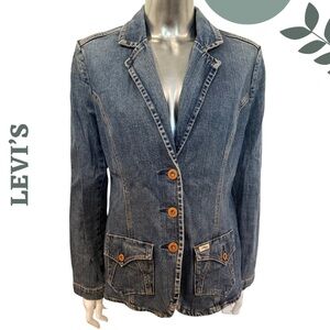Levi’s Denim Blazer Jacket Women’s M (8/10) Medium Wash, Stretch, Copper Buttons